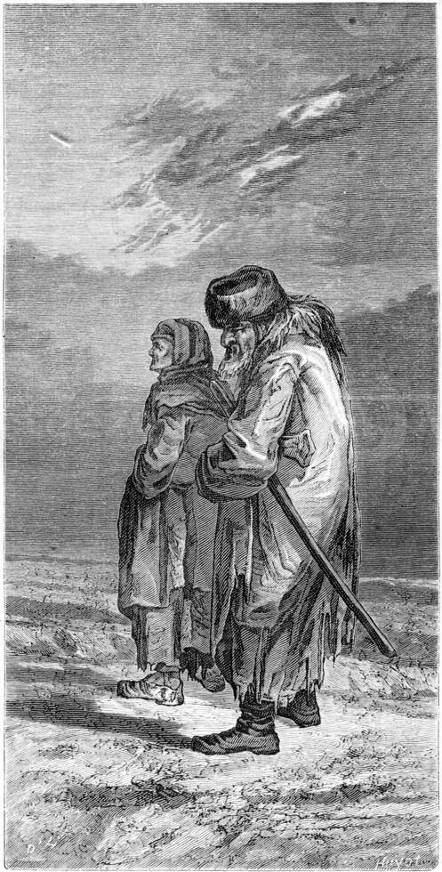 A farmer and his wife in winter suit Livonia, vintage engraving. photo