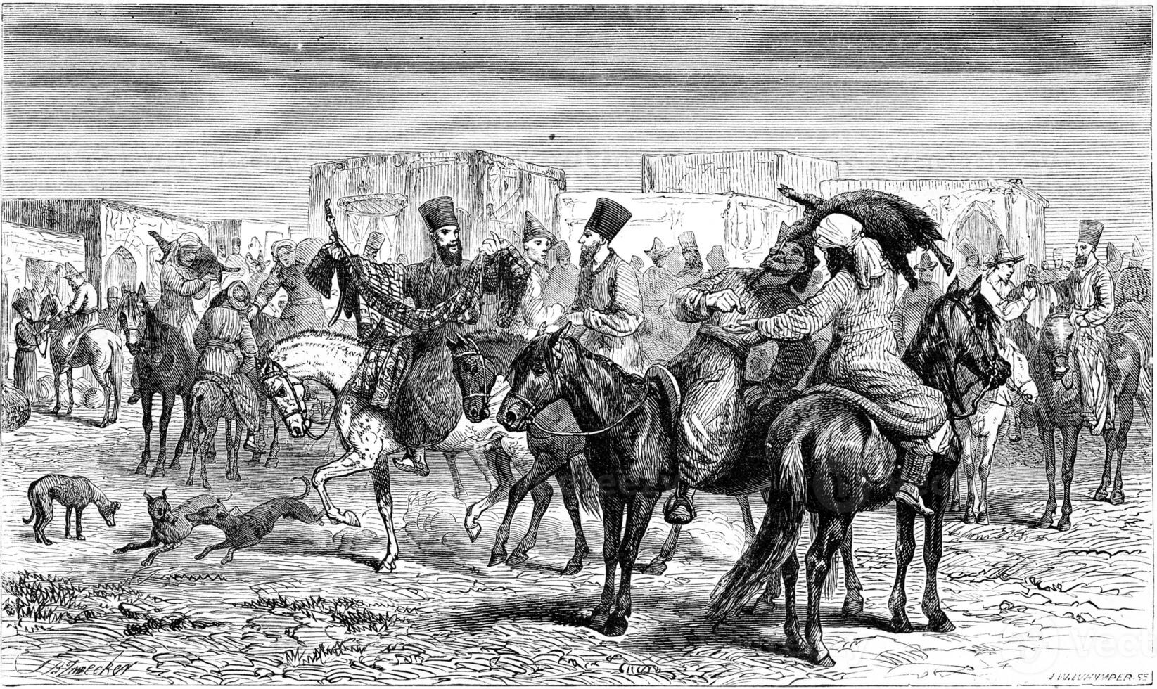 A market on horseback, Shourakhan Kyrgyz, vintage engraving. photo