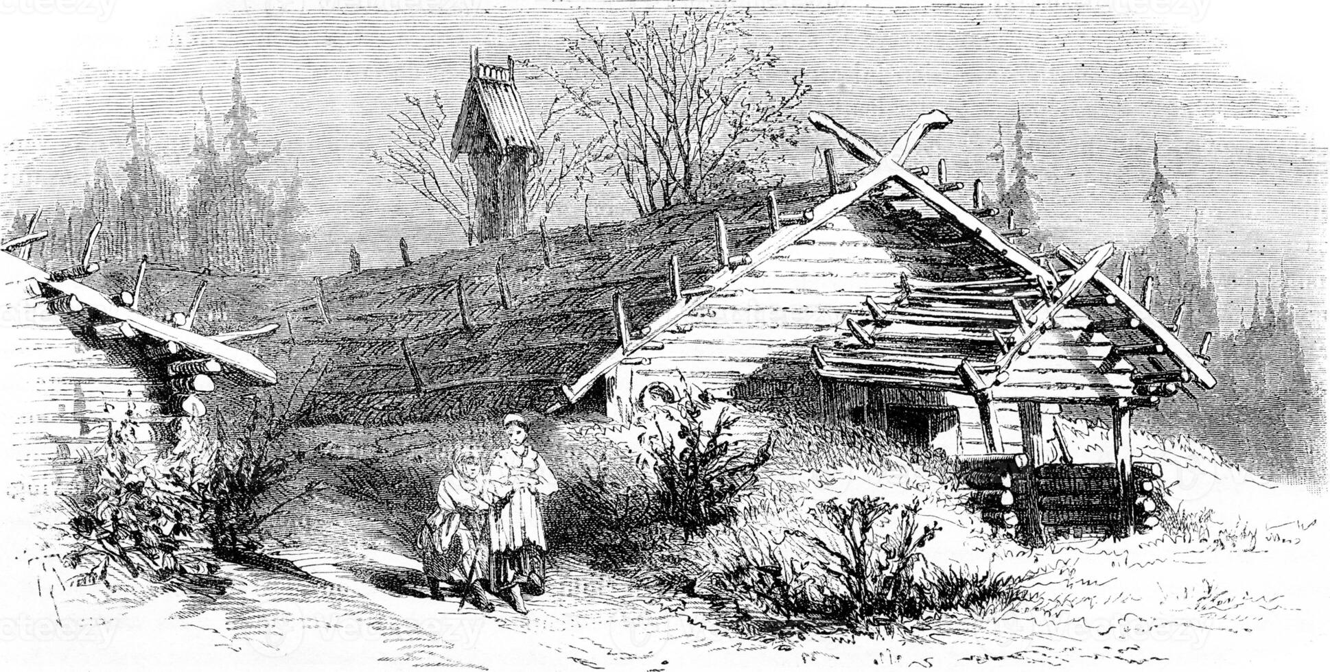 House hut in the north of Russia, vintage engraving. photo