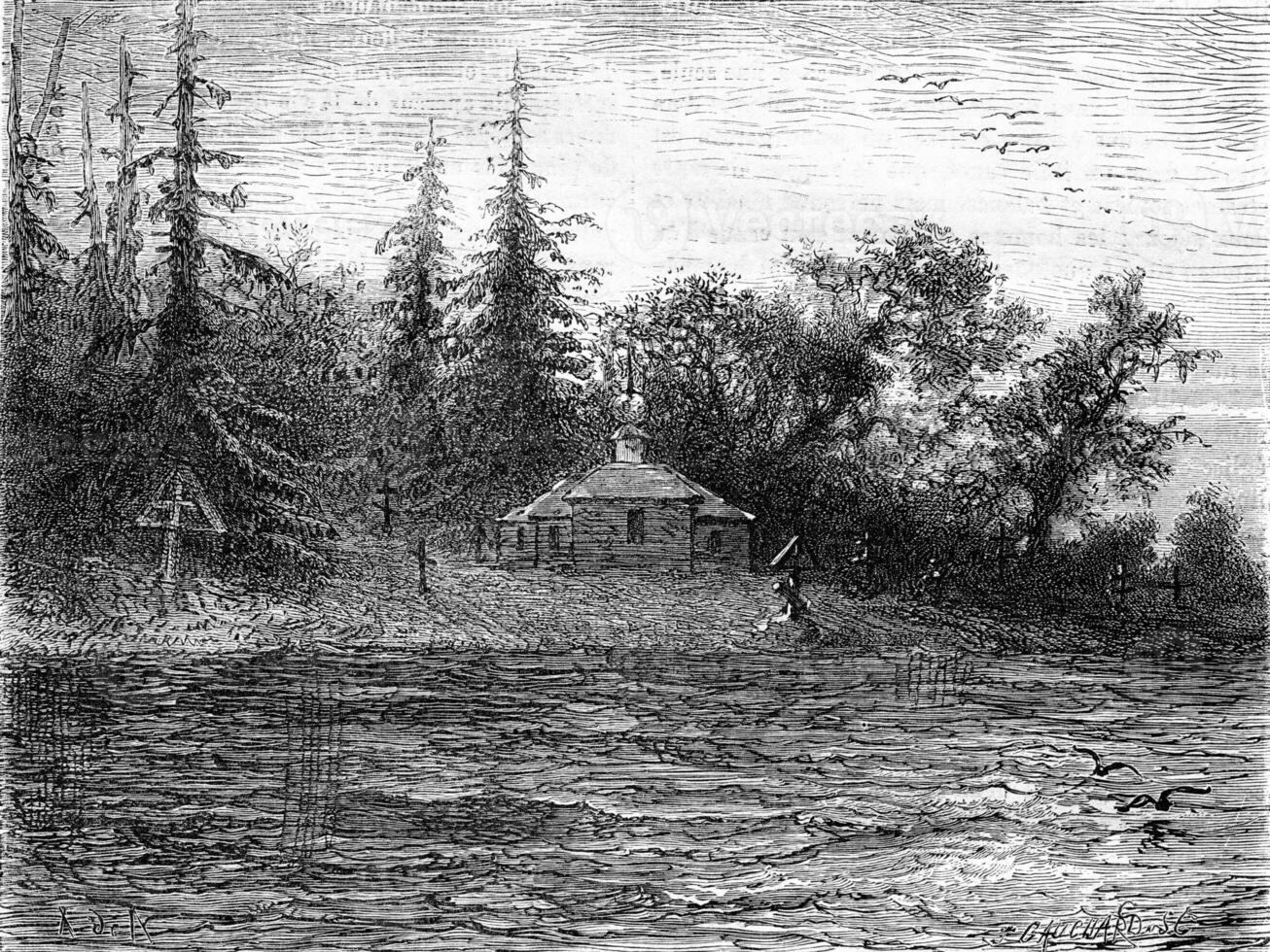 Shore of the Dvina, vintage engraving. photo