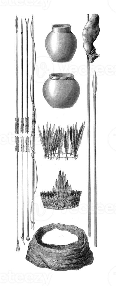 Weapons, pottery, implements, instrument and toiletries to use Siriniris, vintage engraving photo