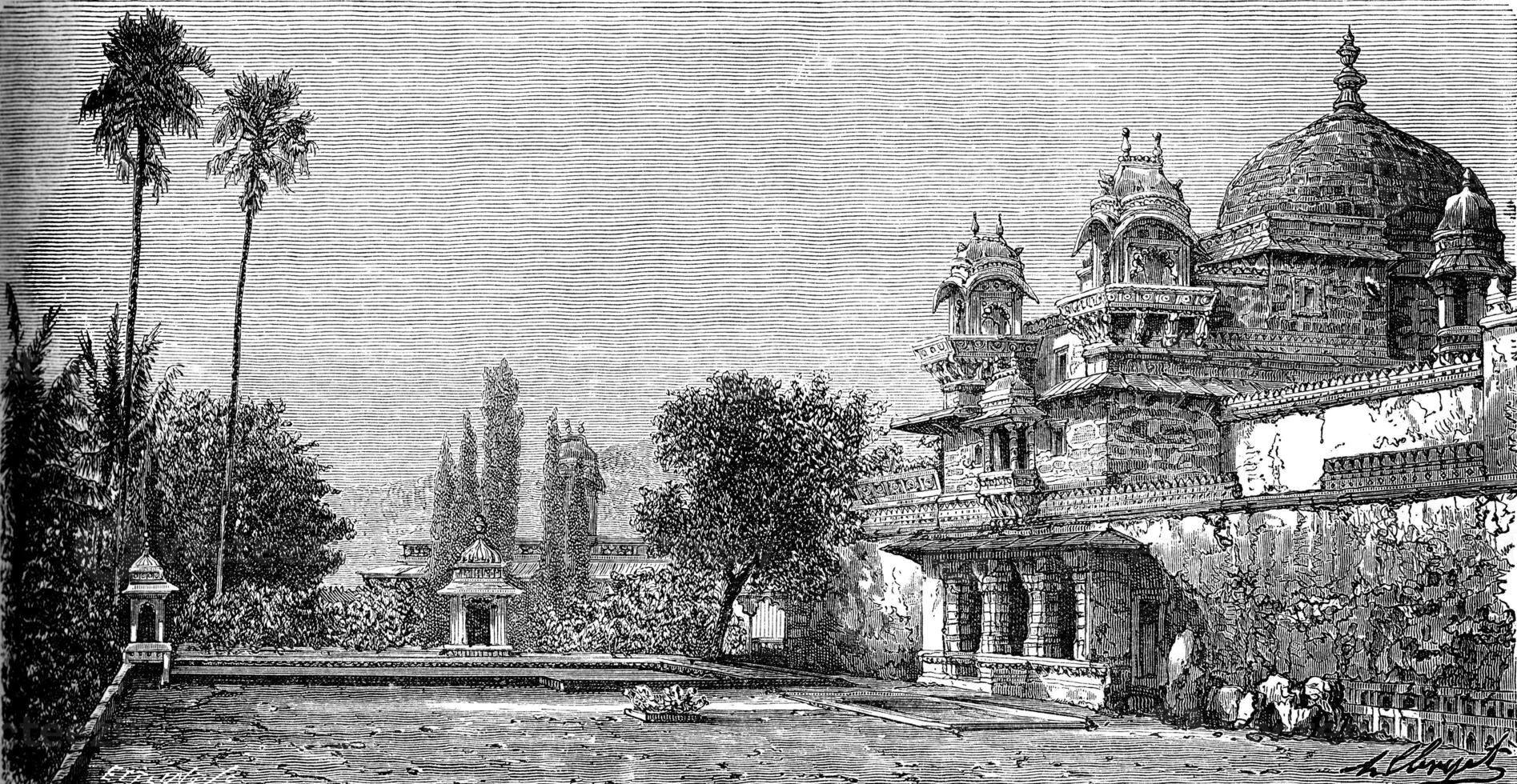 Palace on the island of Jag Mandir in Udaipur, vintage engraving photo