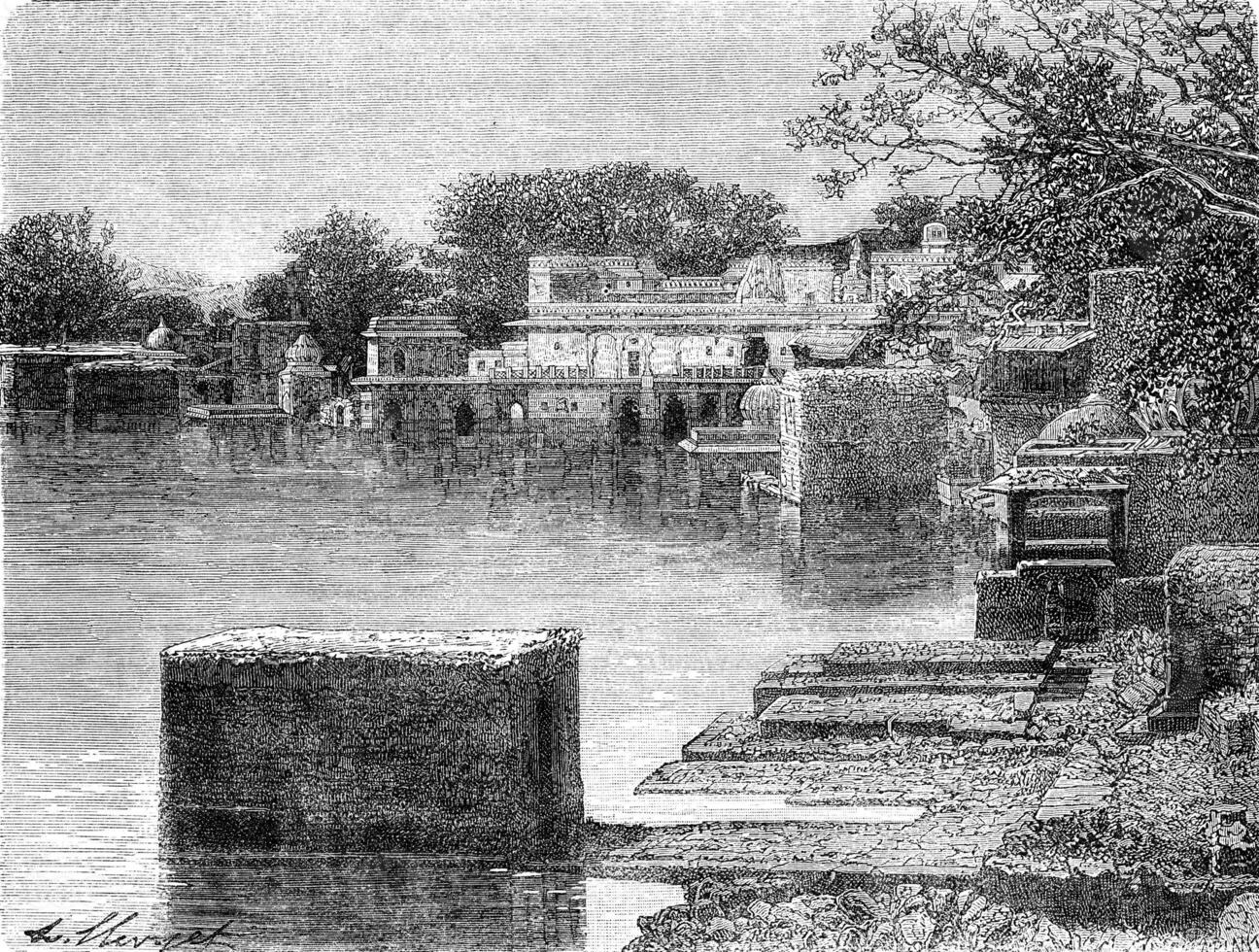 Sacred Pushkar Lake, vintage engraving. photo