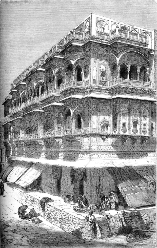 The palace of the Seth's in Ajmer, vintage engraving. photo