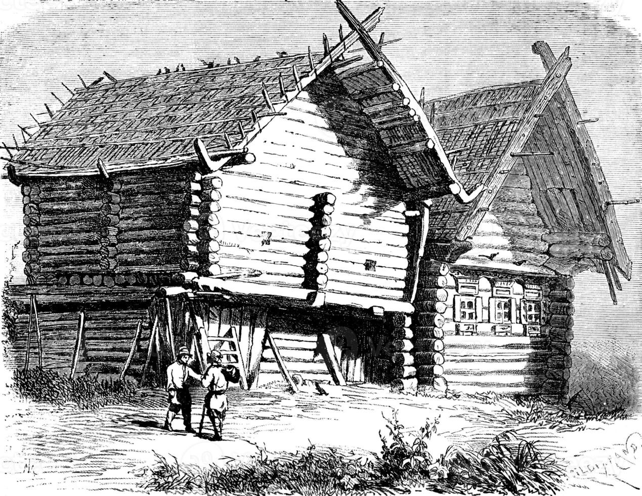 Russian house north, vintage engraving. photo