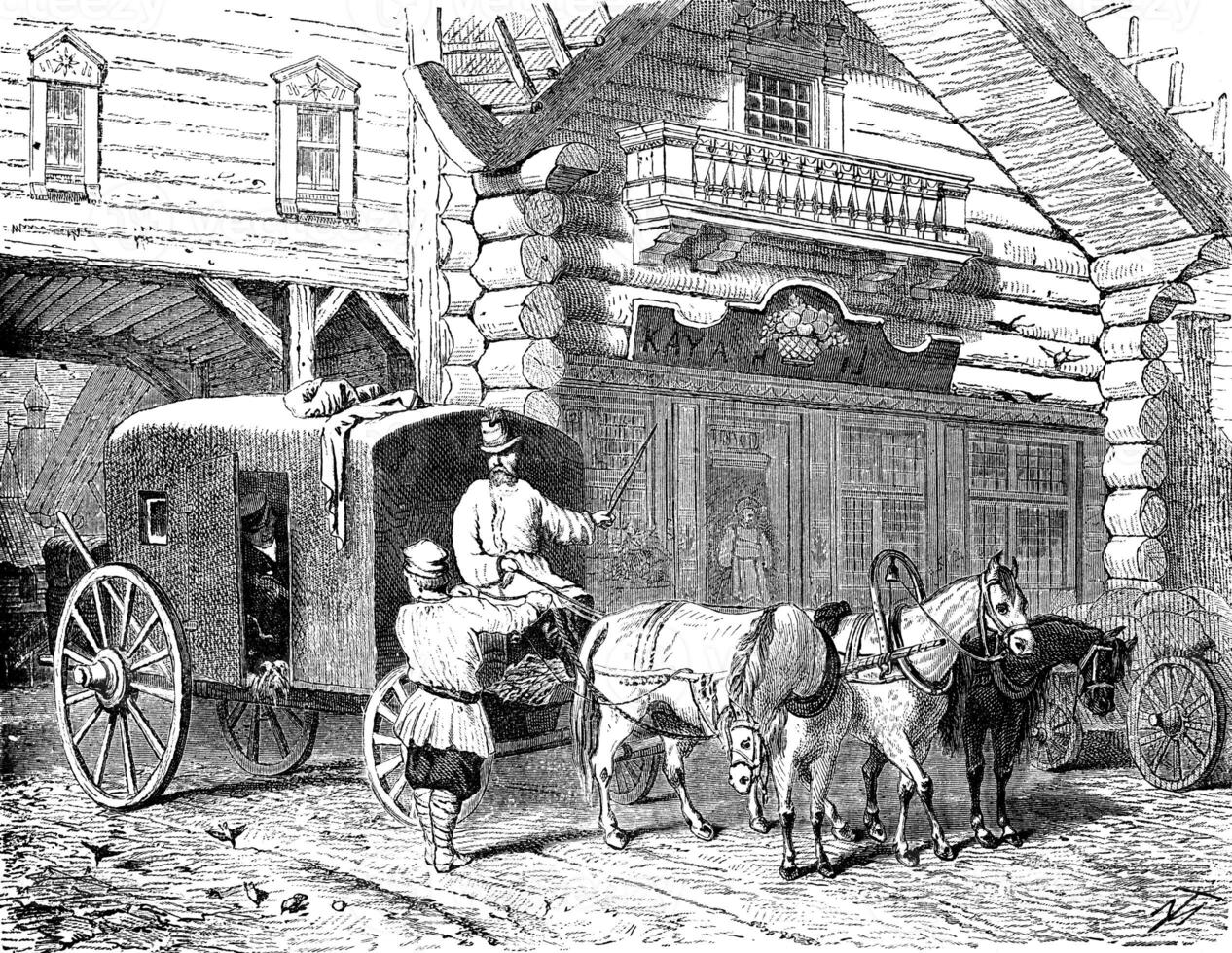 A tarantass, vintage engraving. photo