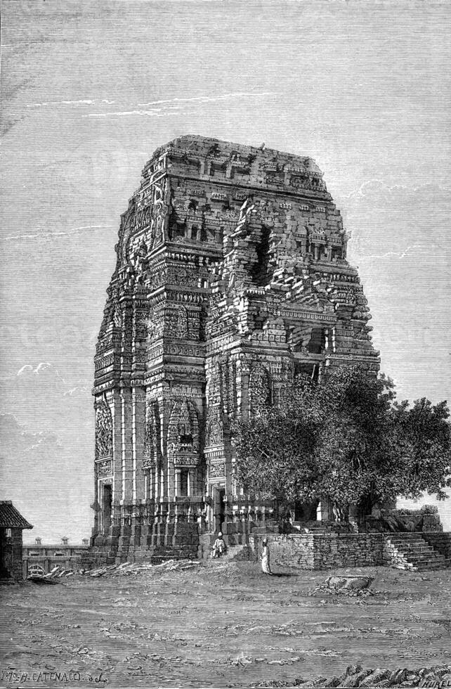 vihara templo en el fortaleza de gwalior, Clásico grabado. foto