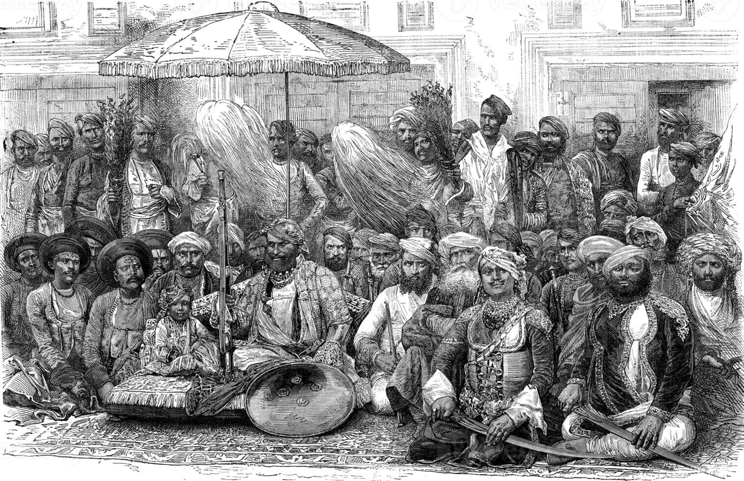 Darbar of Maharaj Rana Dholepore, vintage engraving. photo