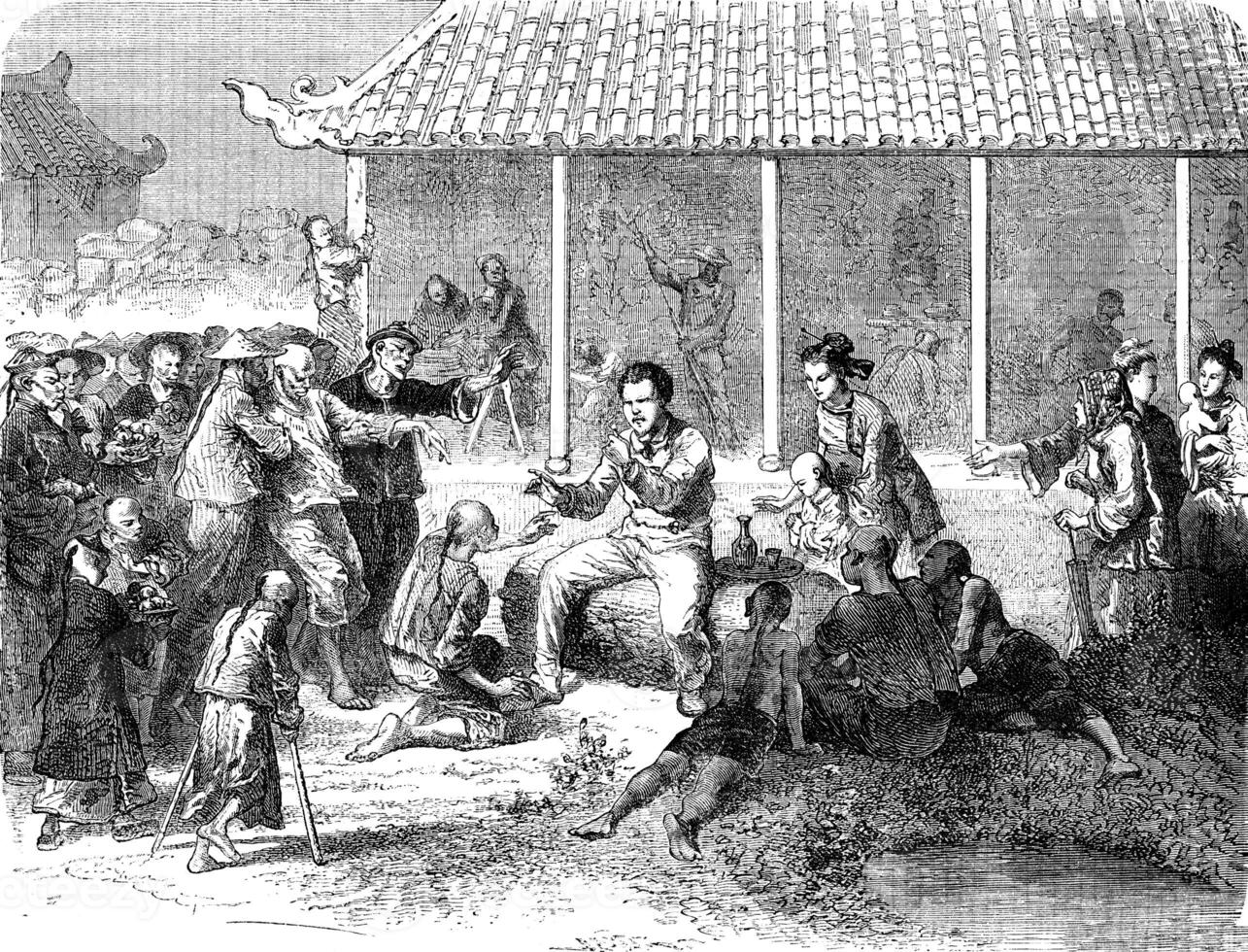 Dr. Joubert giving consultations to So-Mao, vintage engraving. photo