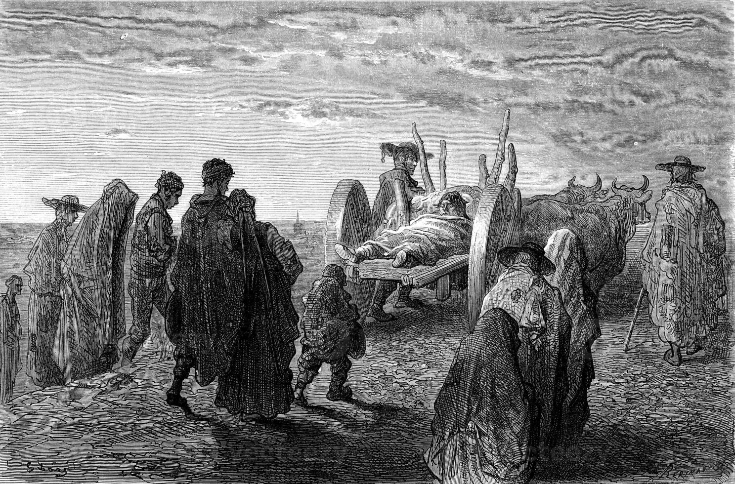 Burial of a peasant near Zamora Old Castile, vintage engraving. photo