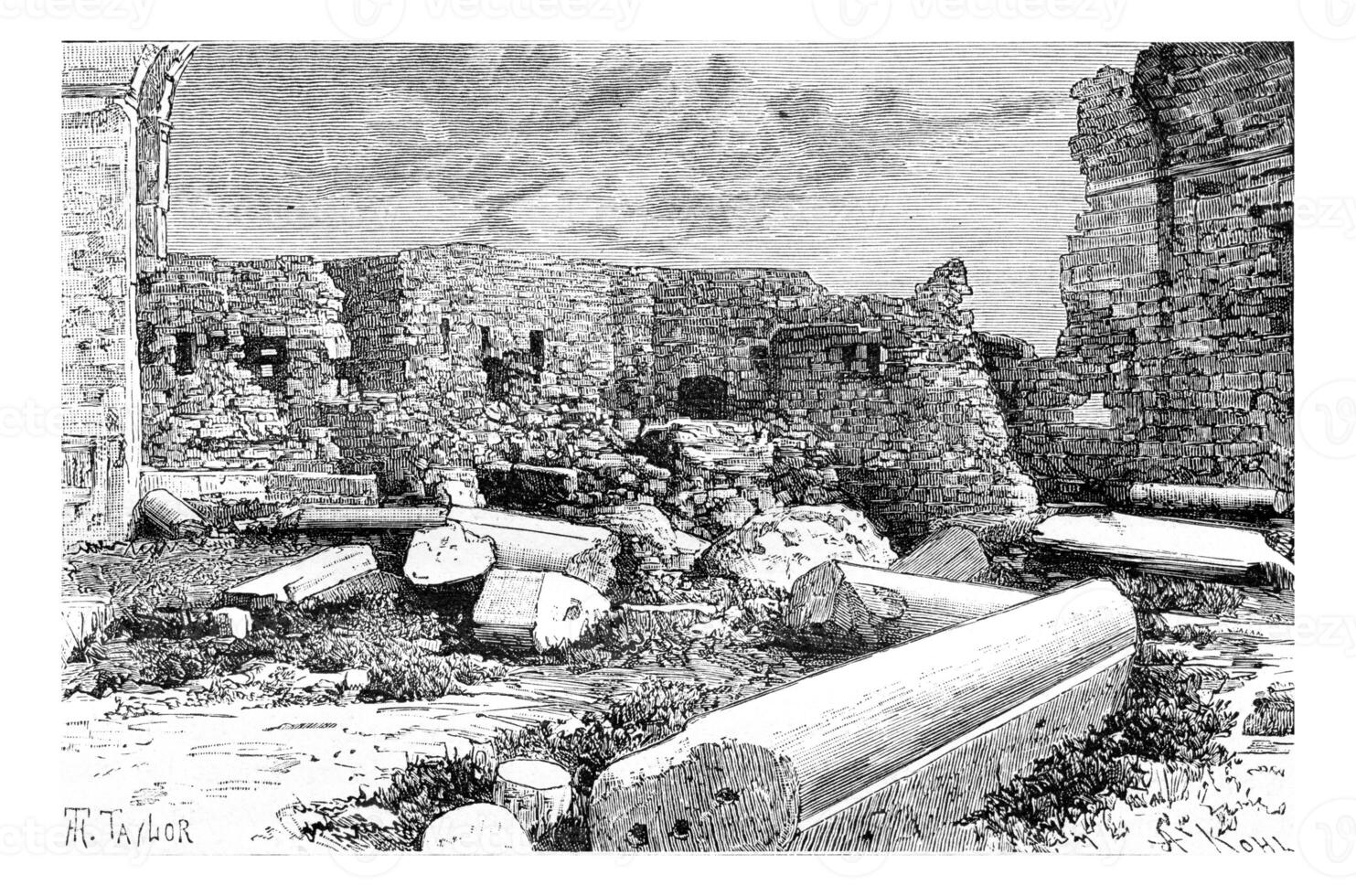 Pink Syenite Columns of the Crusader Cathedral Ruins in Tyre, Lebanon, vintage engraving photo