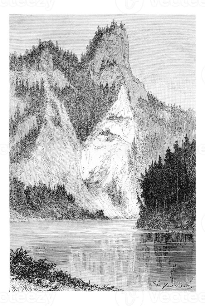 View of the Falkenfels and Mount Pionines, in the Tatra Mountains, Poland, vintage engraving photo