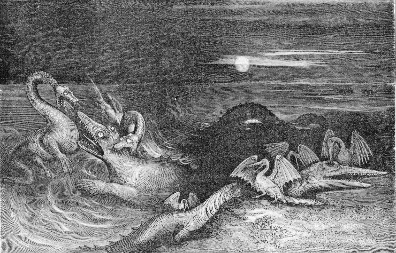Combat of dragons in the Jurassic era of the secondary era, vintage engraving. photo