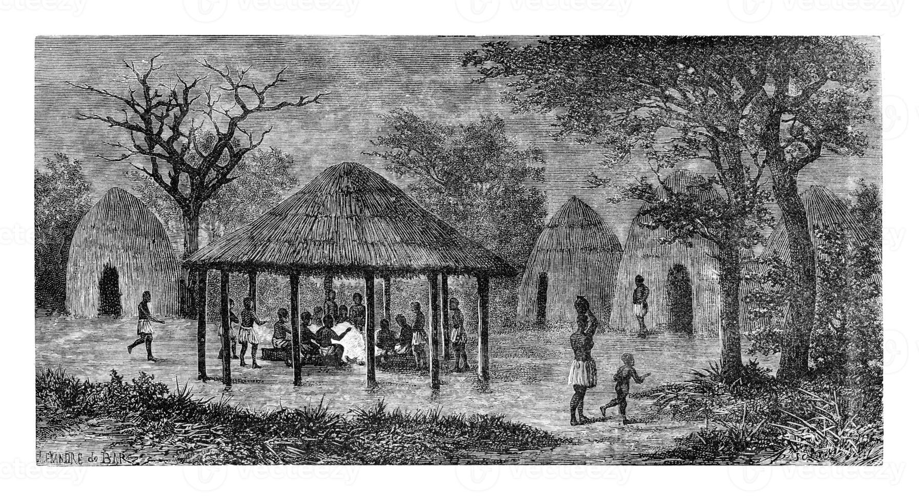 At the Tribal Meeting Place in Angola, Southern Africa, vintage engraving photo