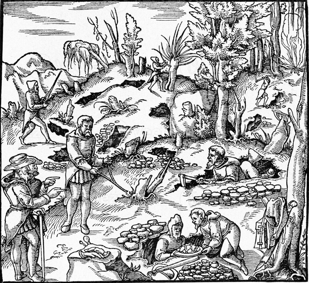 Use the magic wand to search for the treasures of the earth, vintage engraving. photo