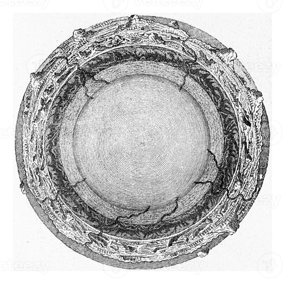 Ideal cut of the interior of the earth, according to the theory of John Woodward, vintage engraving. photo