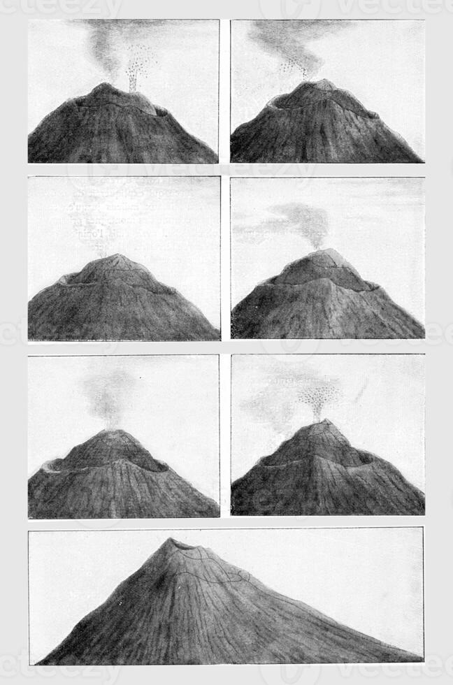 Modification of the summit of Vesuve from July 8 to October 29, 1767, vintage engraving. photo