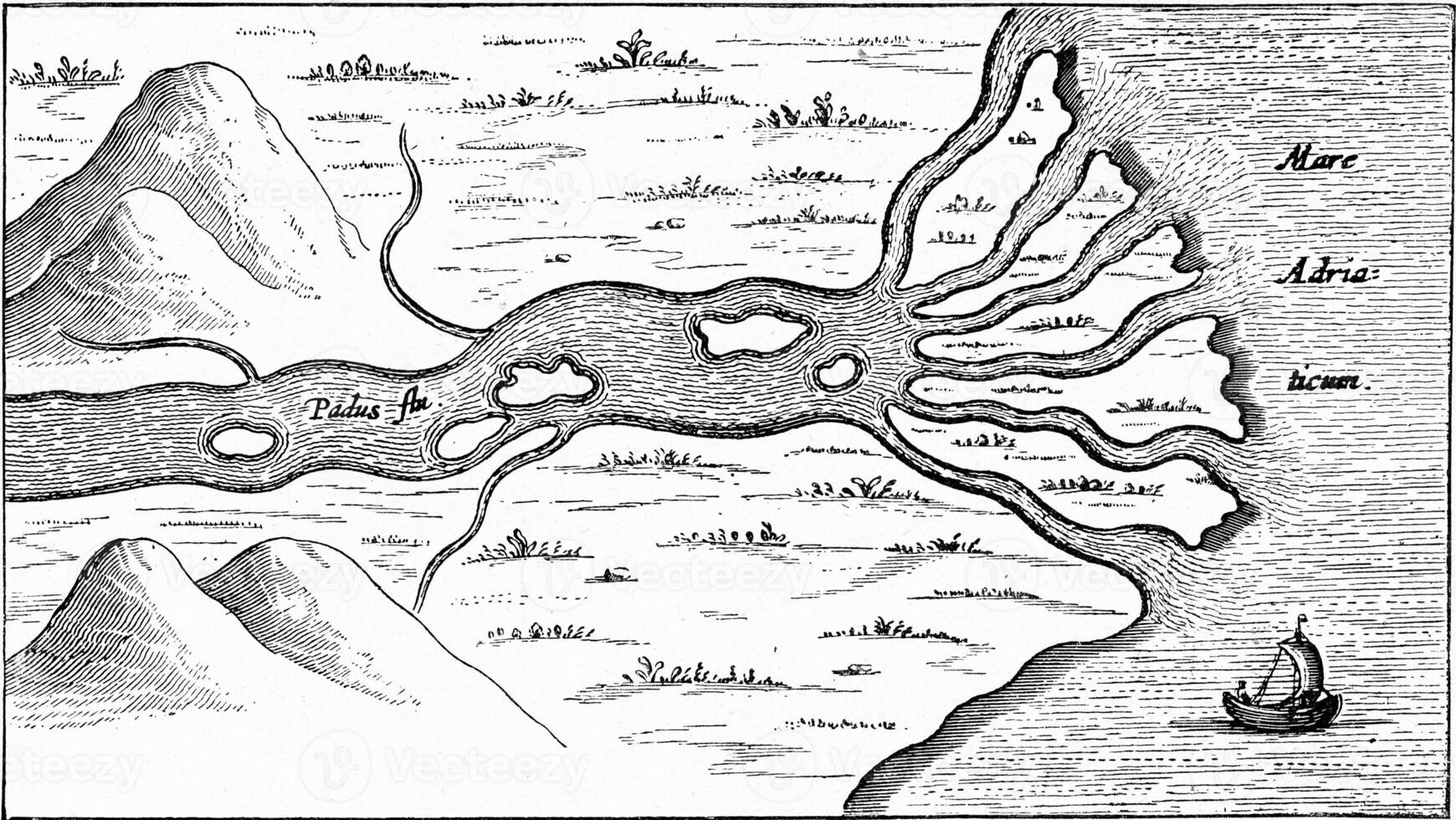 Delta formation at the mouth of the Po in the Adriatic Sea, vintage engraving. photo