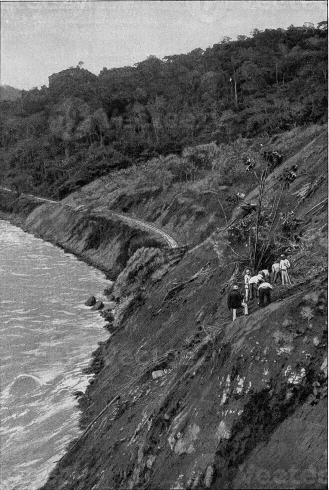 Landslide in Central America, vintage engraving. photo
