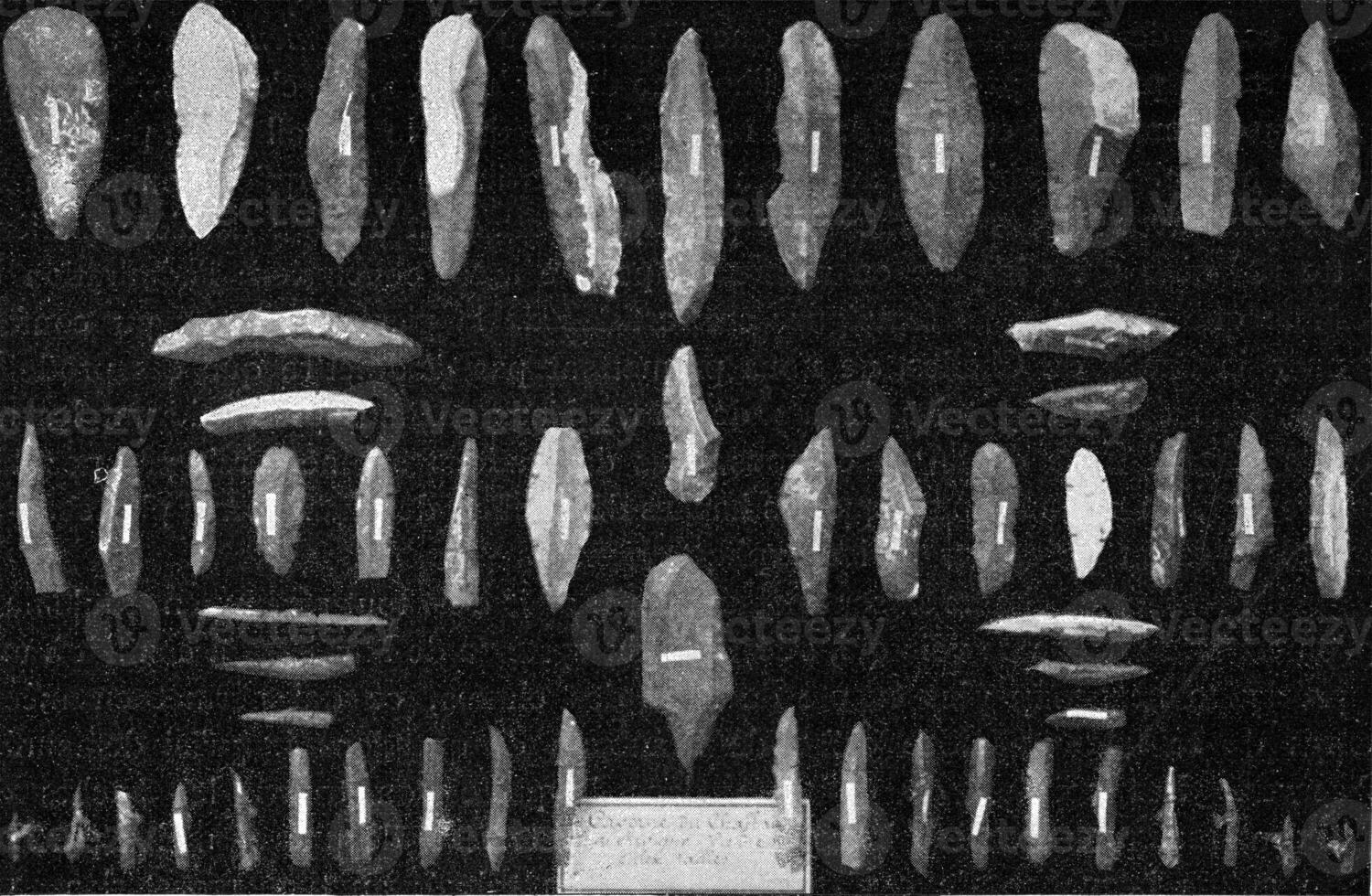 Fine flint knives from places of discovery of the posterior diluvial period in northern France, vintage engraving. photo