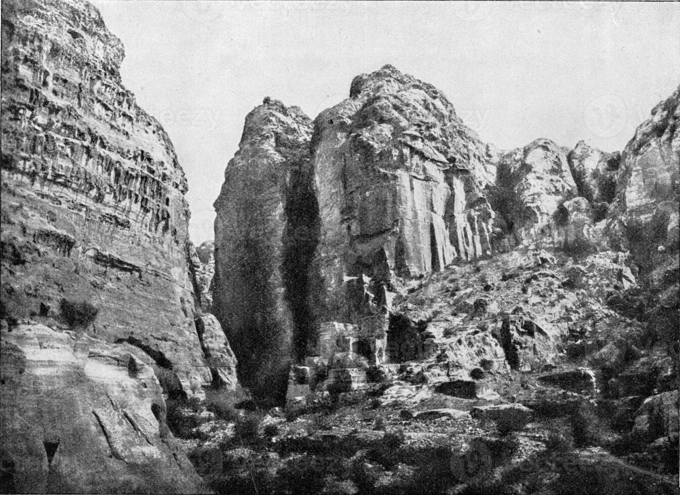 The exit of a gorge at Oktra as an example of erosion, vintage engraving. photo