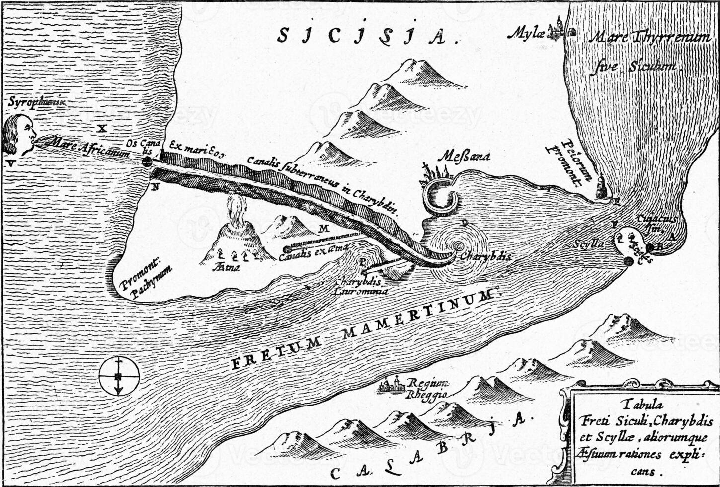 Charybdis and Scylla in the Strait of Messina, vintage engraving. photo