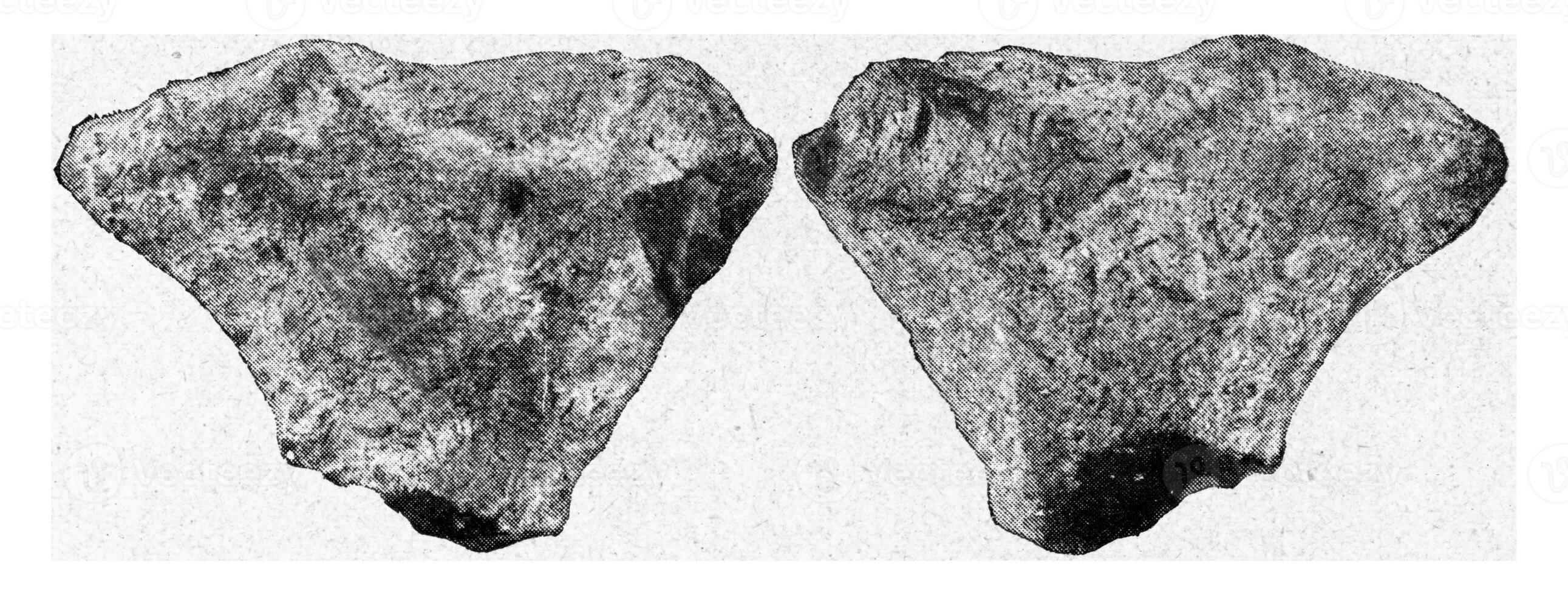 Eolith of Rudersdorf, front and rear, vintage engraving. photo