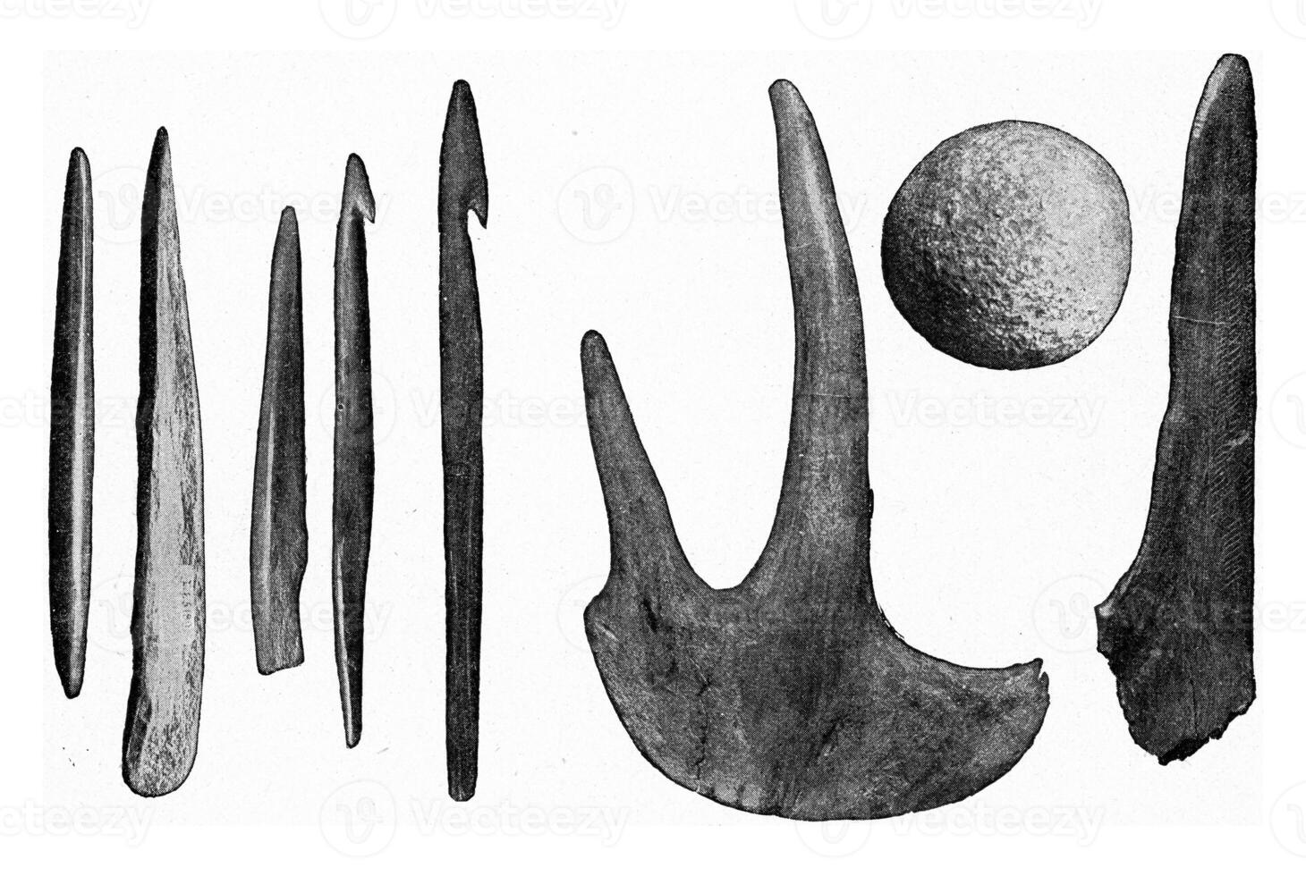 Prehistoric fishing equipment, vintage engraving. photo