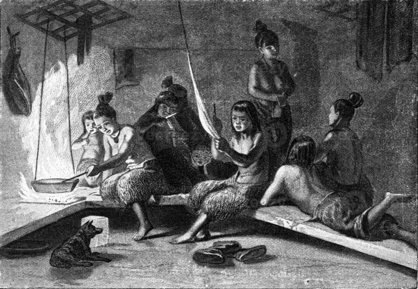 A hut of Eskimos where we line up and cook, vintage engraving. photo
