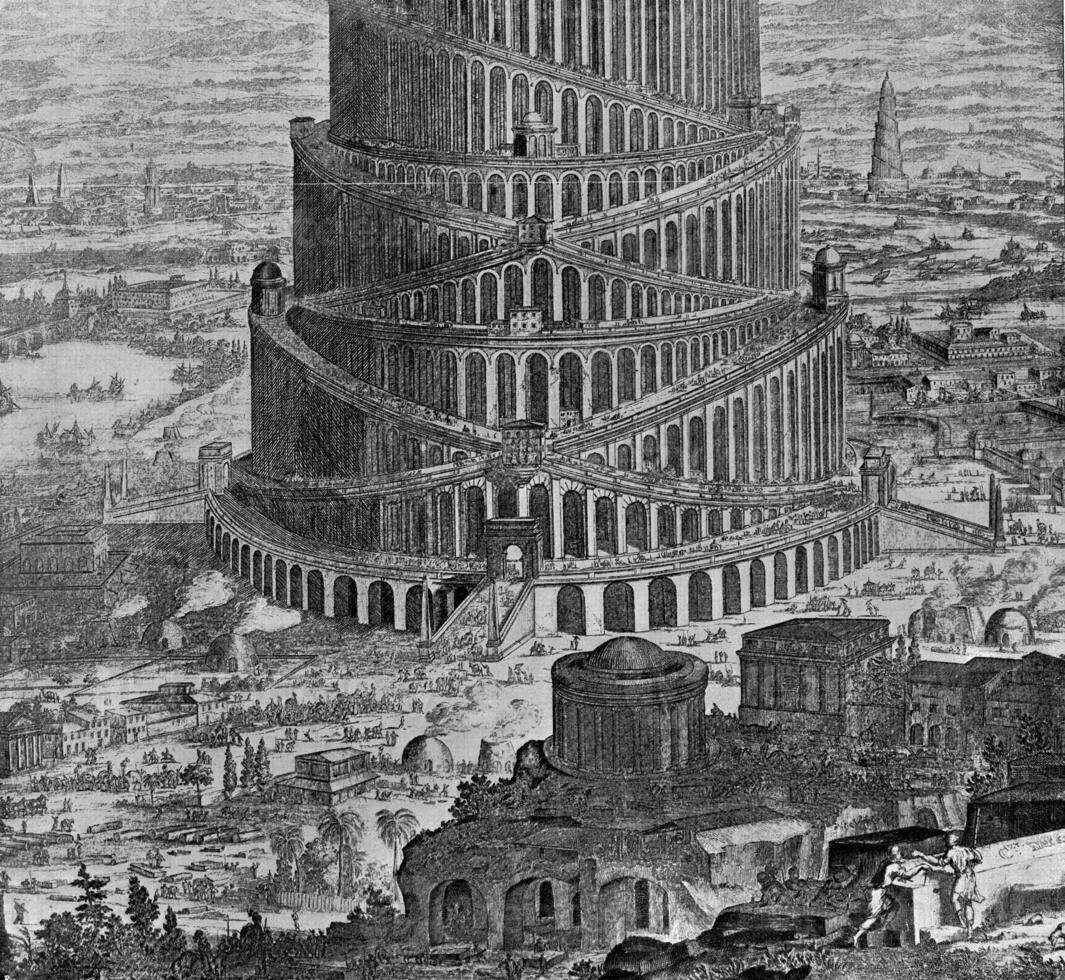 Construction of the tower of Babel, vintage engraving. photo