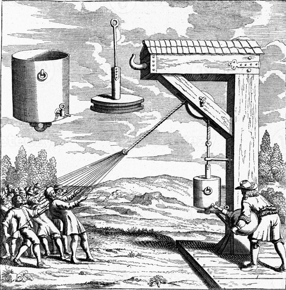Guericke experiments on the pressure of the atmosphere air, vintage engraving. photo
