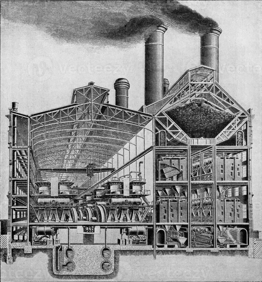 Section through a modern power plant station, Edison's work in New York, vintage engraving. photo