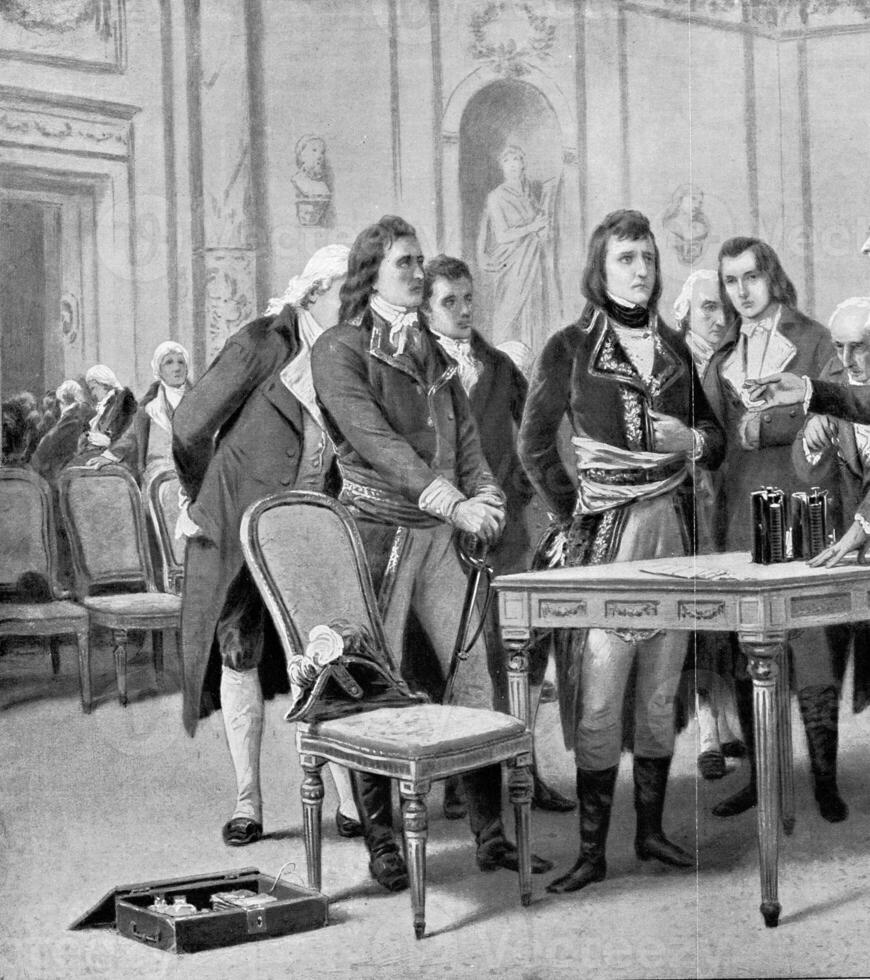 Alexandre Volta explains to Napoleon Bonaparte First Consul, the principle of his electric battery, vintage engraving. photo