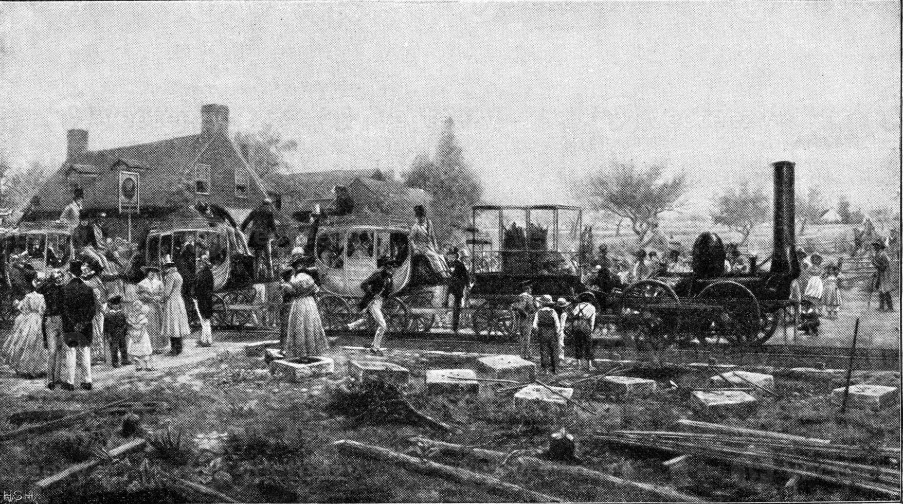 Departure of a train on the first line built by Stephenson between Stockton and Darlington, vintage engraving. photo
