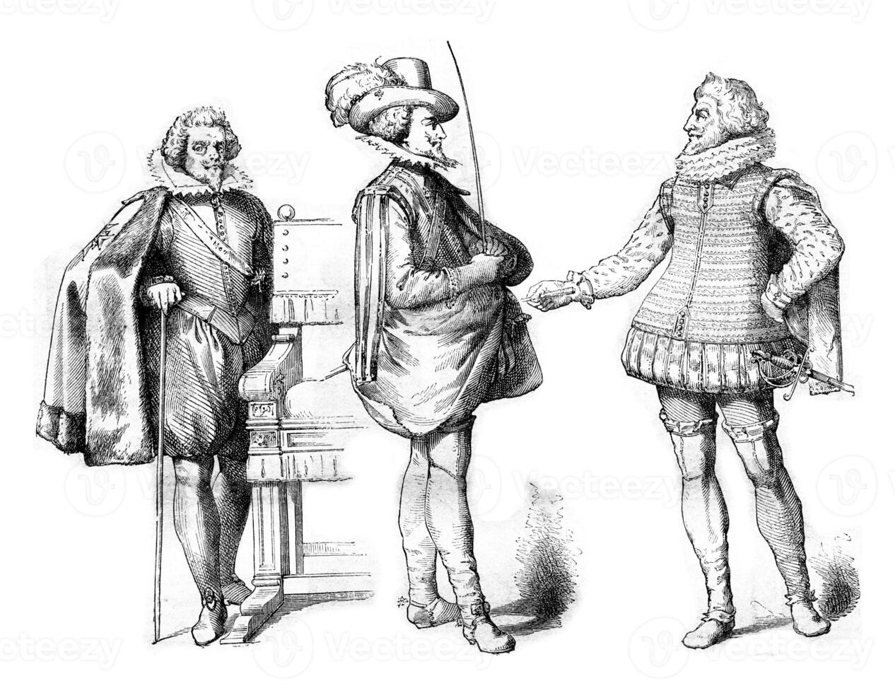 The Marshal de Souvre near the character of the chair, Mr de Bellegarde, grand equerry of France, Mr de Pluvinel, master of riding of Louis XIII of after Crispin de Pas, vintage engraving. photo