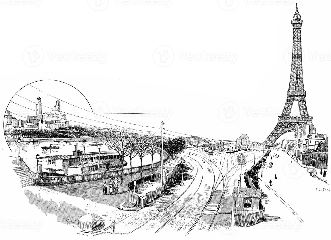 Gare du Champ de Mars or Champ de Mars Tour Eiffel, vintage engraving. photo