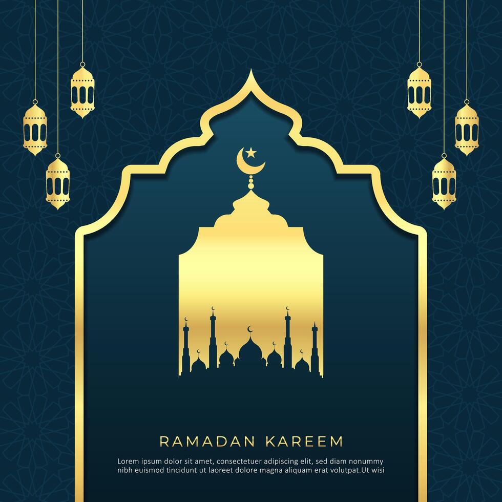 realista de Ramadán kareem póster diseño con mezquita y linterna ornamento en azul antecedentes vector