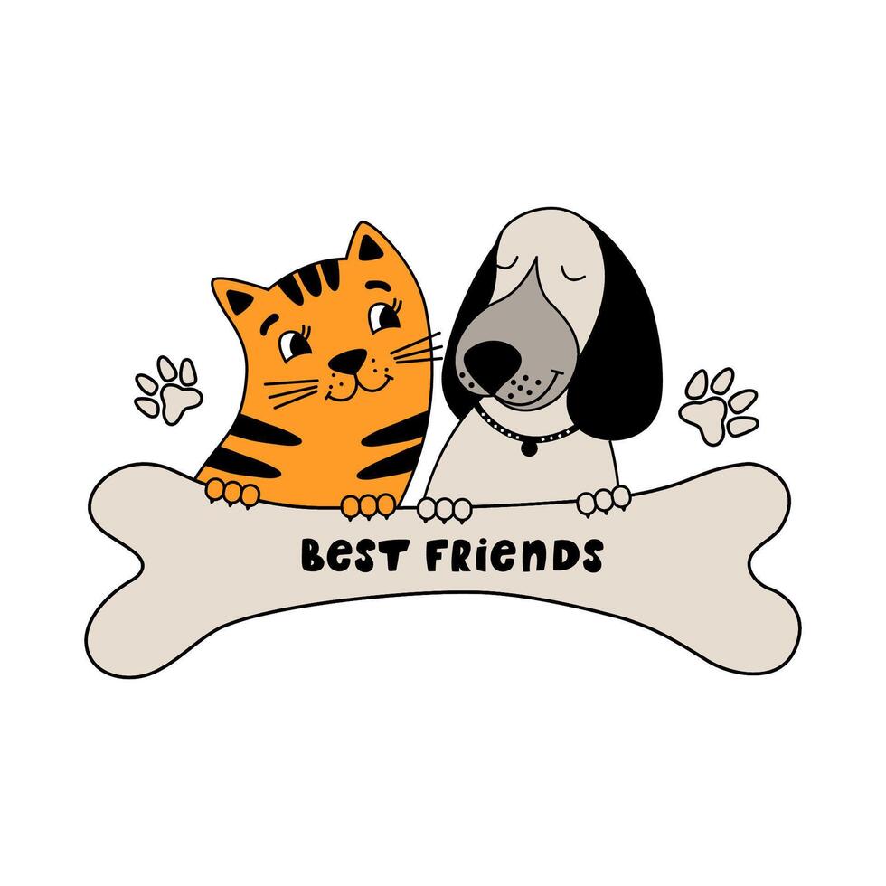 Funny dog and cute cat best friends. vector