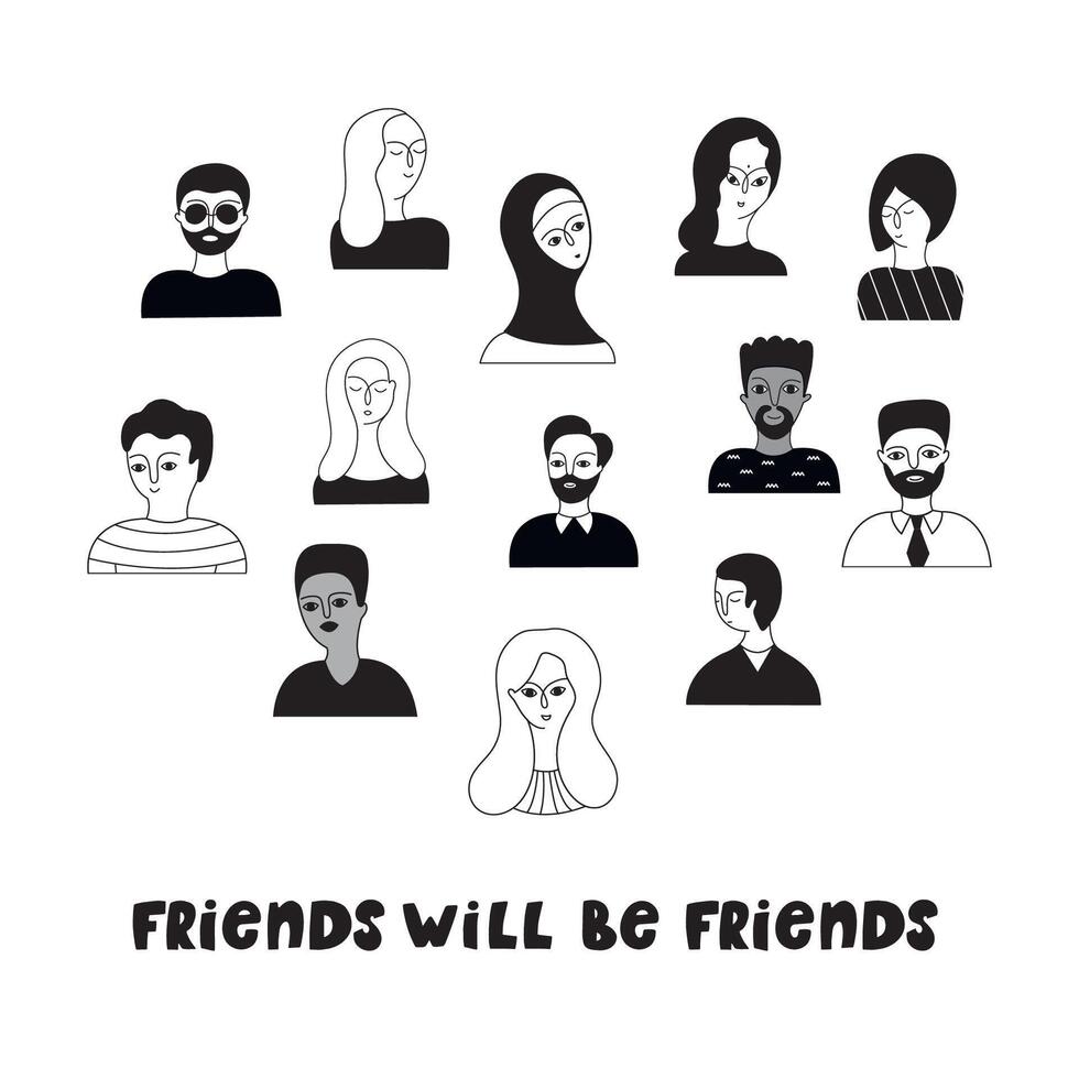 multiétnico grupo de personas vector contorno ilustraciones con tipografía