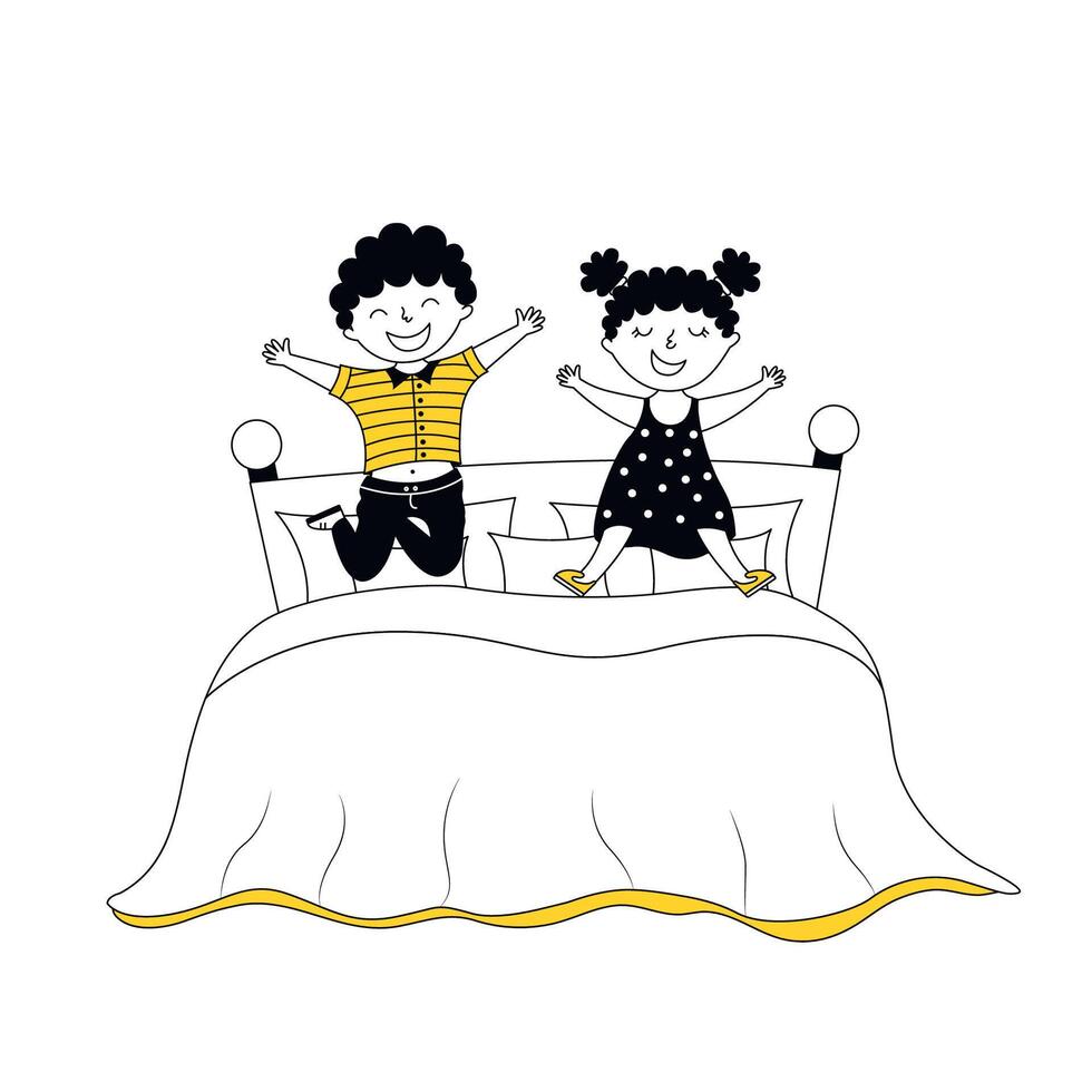 Children jumping on bed cartoon vector illustration