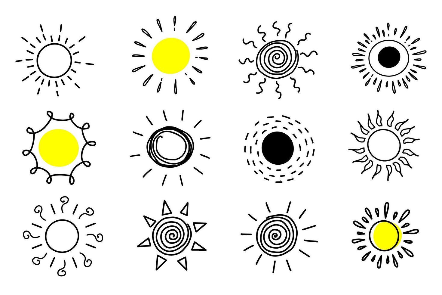 Big set of hand drawn suns on a white background. vector