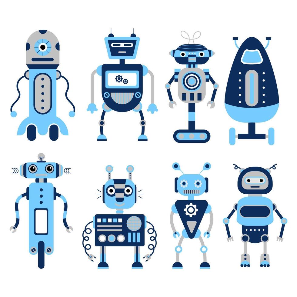 Set of 8 colorful robots in flat style on a white background. vector