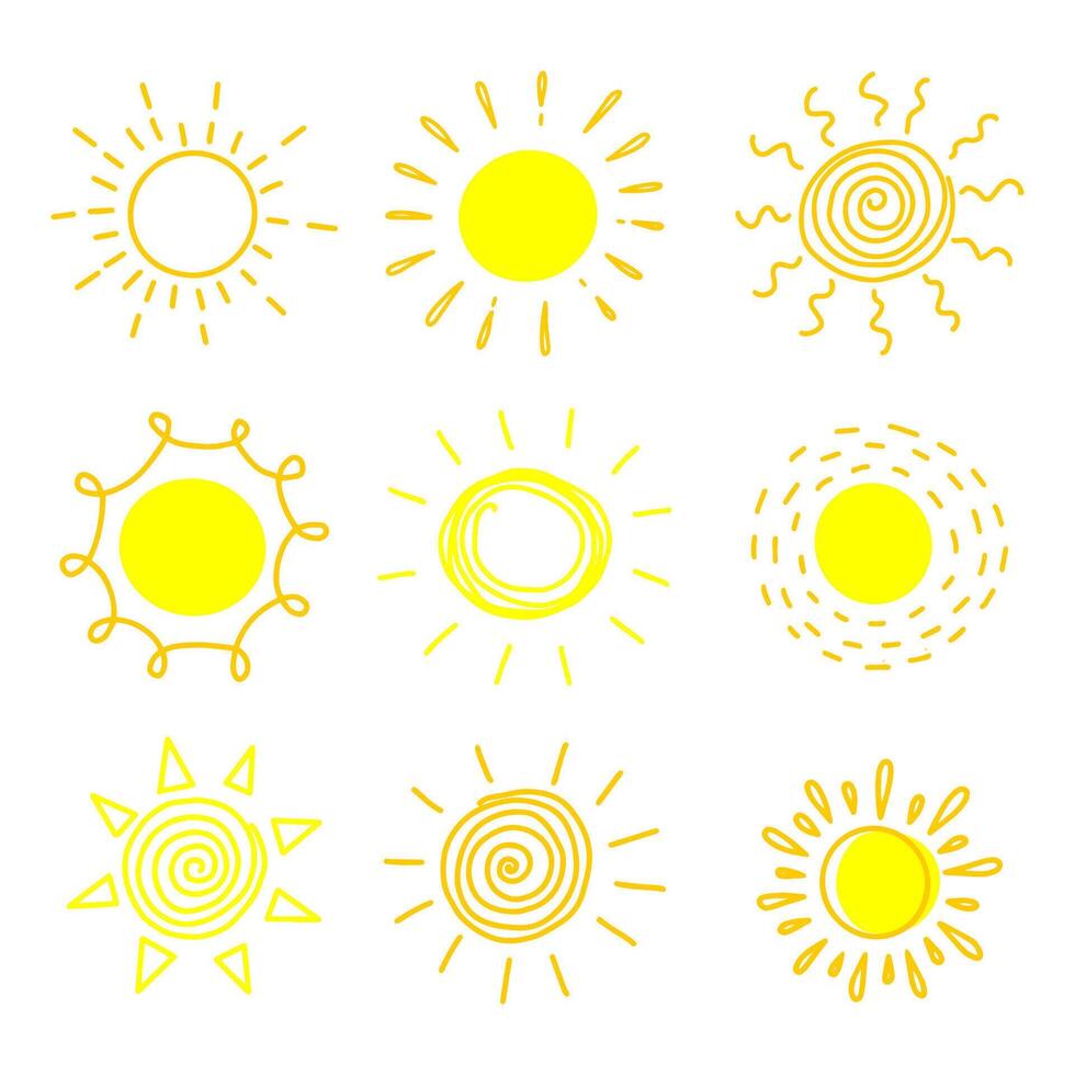 Big set of hand drawn suns on a white background. vector