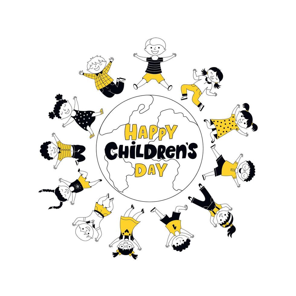 Happy children day cartoon vector illustration with typography