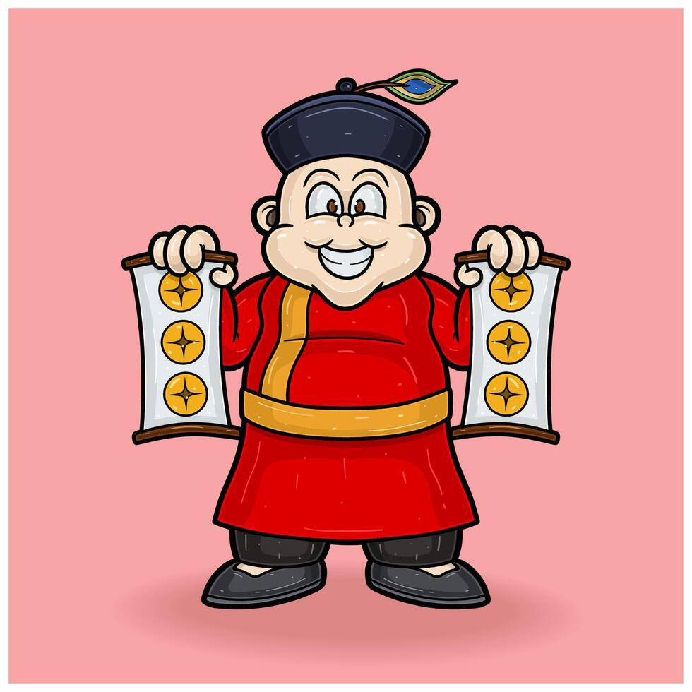 Mascot Character of Chinese Fat People With Money Symbol For New Year. vector