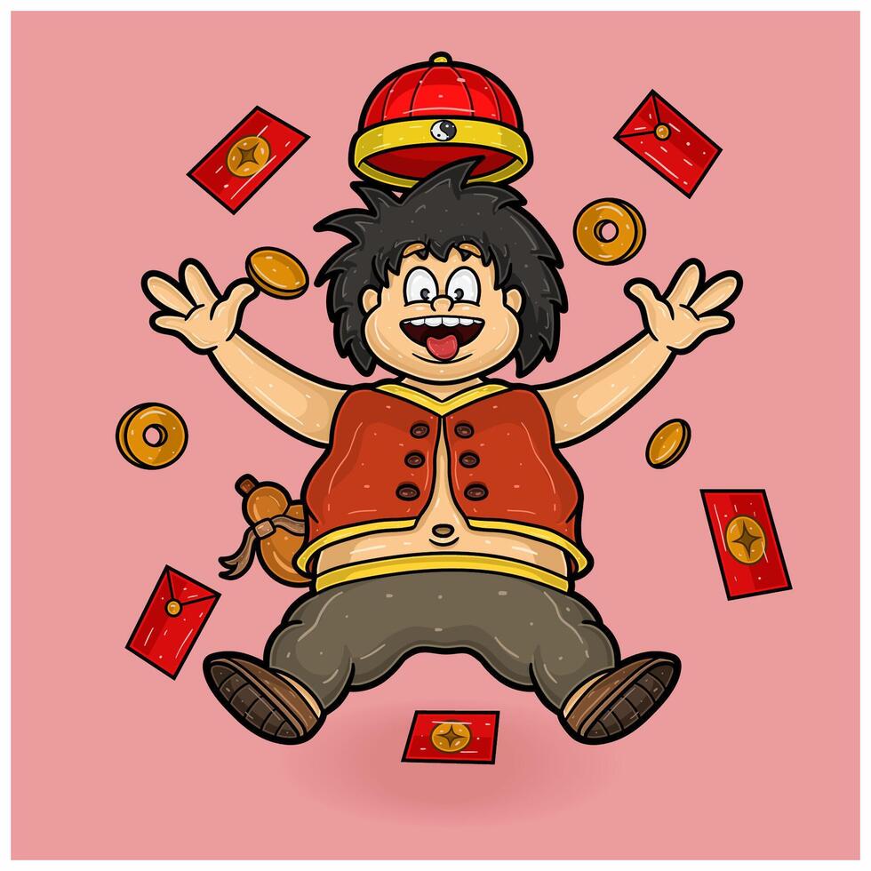 Mascot Character of Chinese People With Fly Pose For New Year. vector