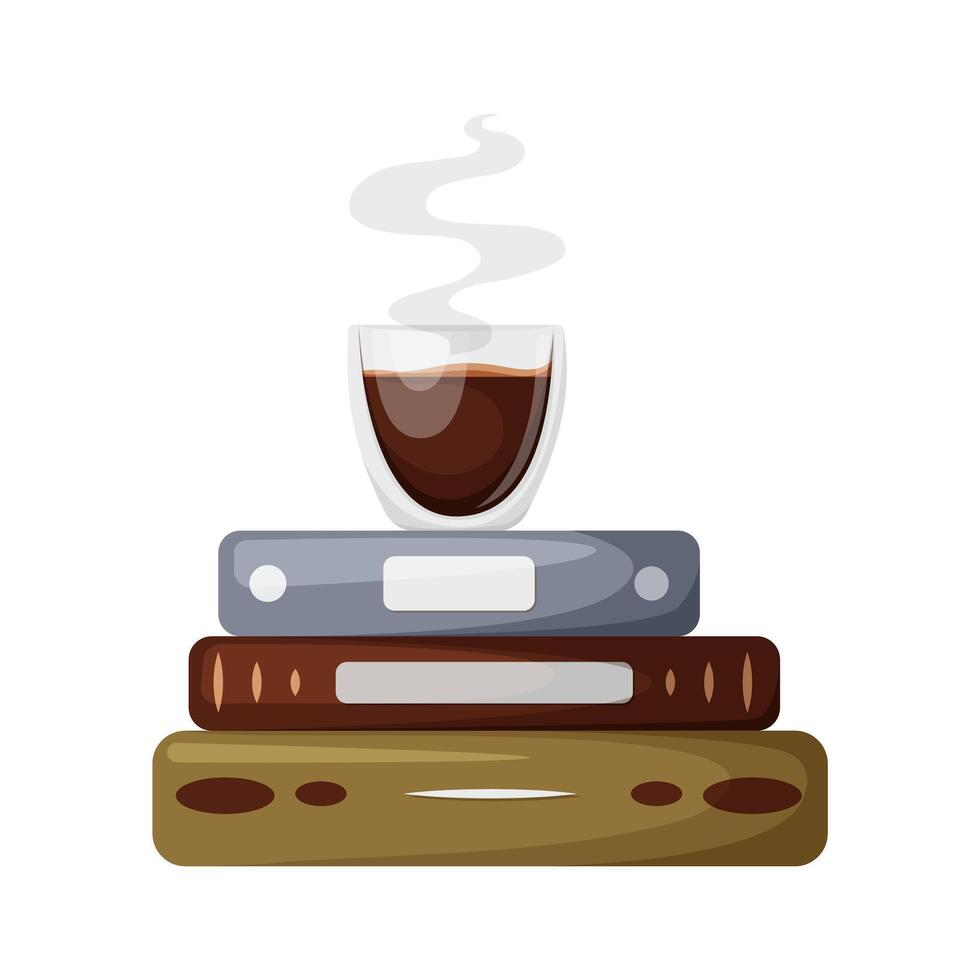 Stack of books with cup of coffee, horizontal books isolated on a white background. Cartoon educational vector illustration for reading lovers, web, library, store, study, sticker. World book day.