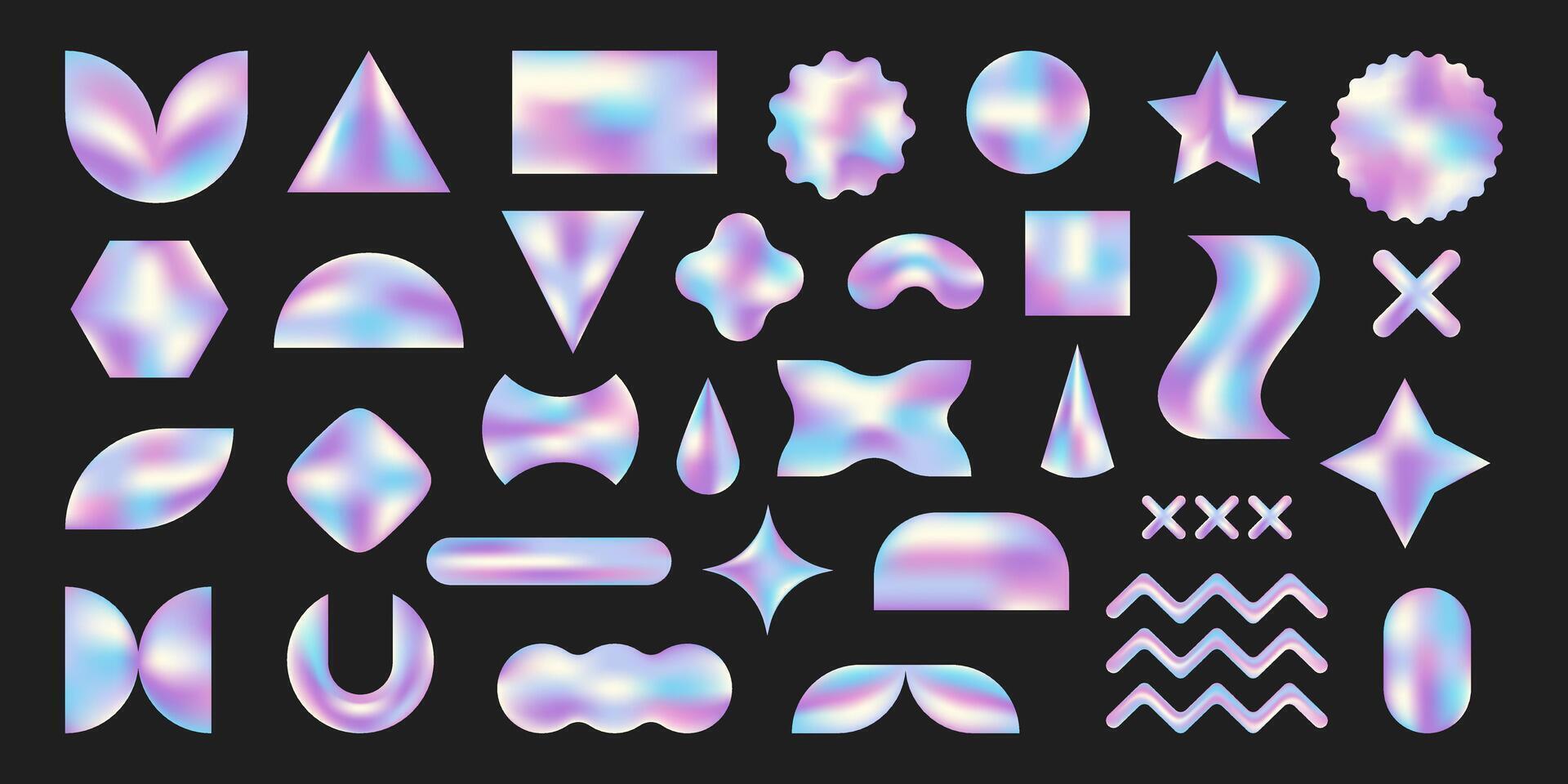 Set of abstract glowing liquid geometric and wavy shapes. 3d holographic elements, stickers, gradient vector figures of various forms. Modern futuristic y2k design of shimmering colors.