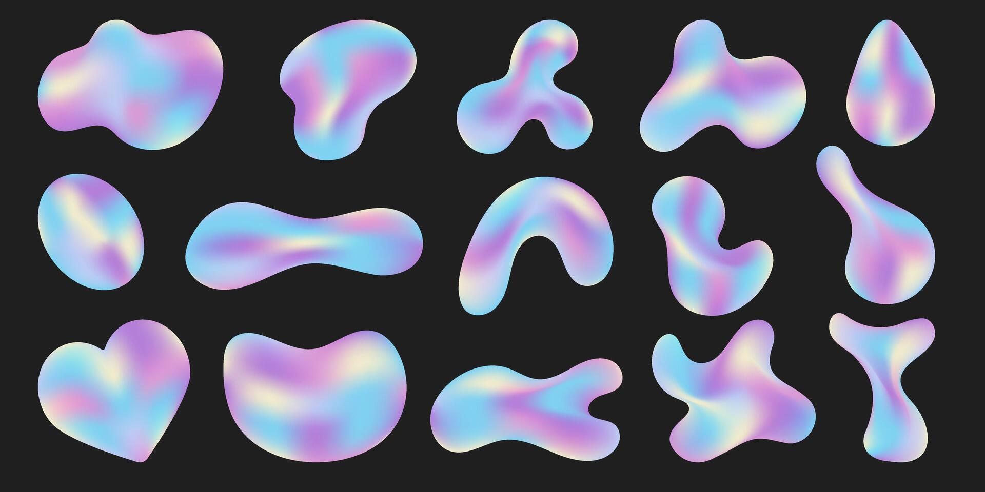 Abstract glowing liquid wavy shapes. 3d holographic elements, gradient vector figures of various forms. Set of modern futuristic y2k design of shimmering colors.