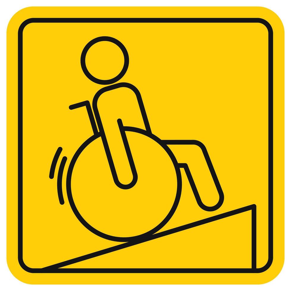 Wheel chair ramp. Person in a wheelchair, outline sign on yellow background, line icon. Editable stroke. Accessibility pictogram for disabled people. Safe public transportation. Vector, flat style vector